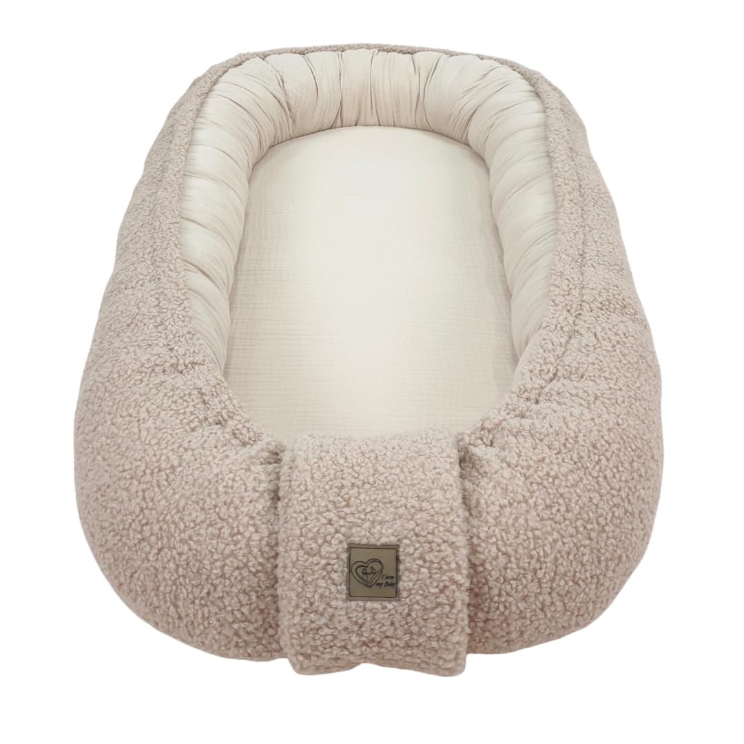 WIKLINOPOL Babynest, nido para recién nacidos – Baby Nest 80x46 cm en Beige, nido portátil de muselina y suave peluche Teddy – nido bebé para recién nacido con colchón extraíble