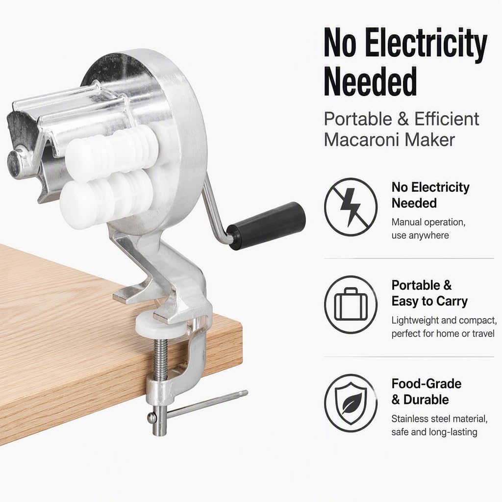 Prensa manual para pasta, extrusora de fideos manual de acero inoxidable plateado con manivela para uso en cocinas y restaurantes.