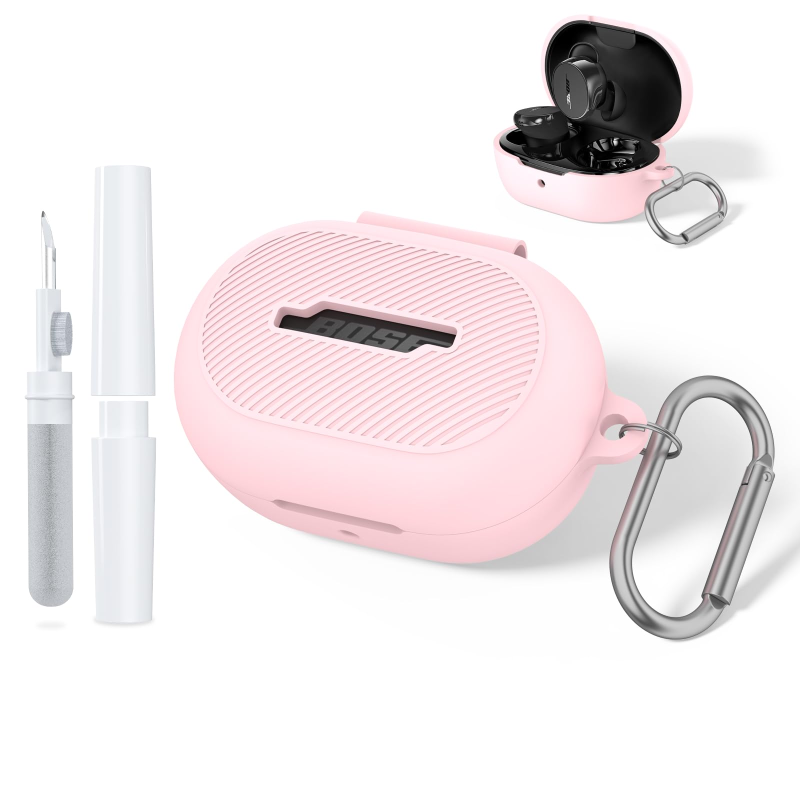 for Bose New QuietComfort Earbuds (2024) Case Cover with Cleaning Kit, Soft Silicone Protective Earbuds Case with Carabiner, Logo and Front LED