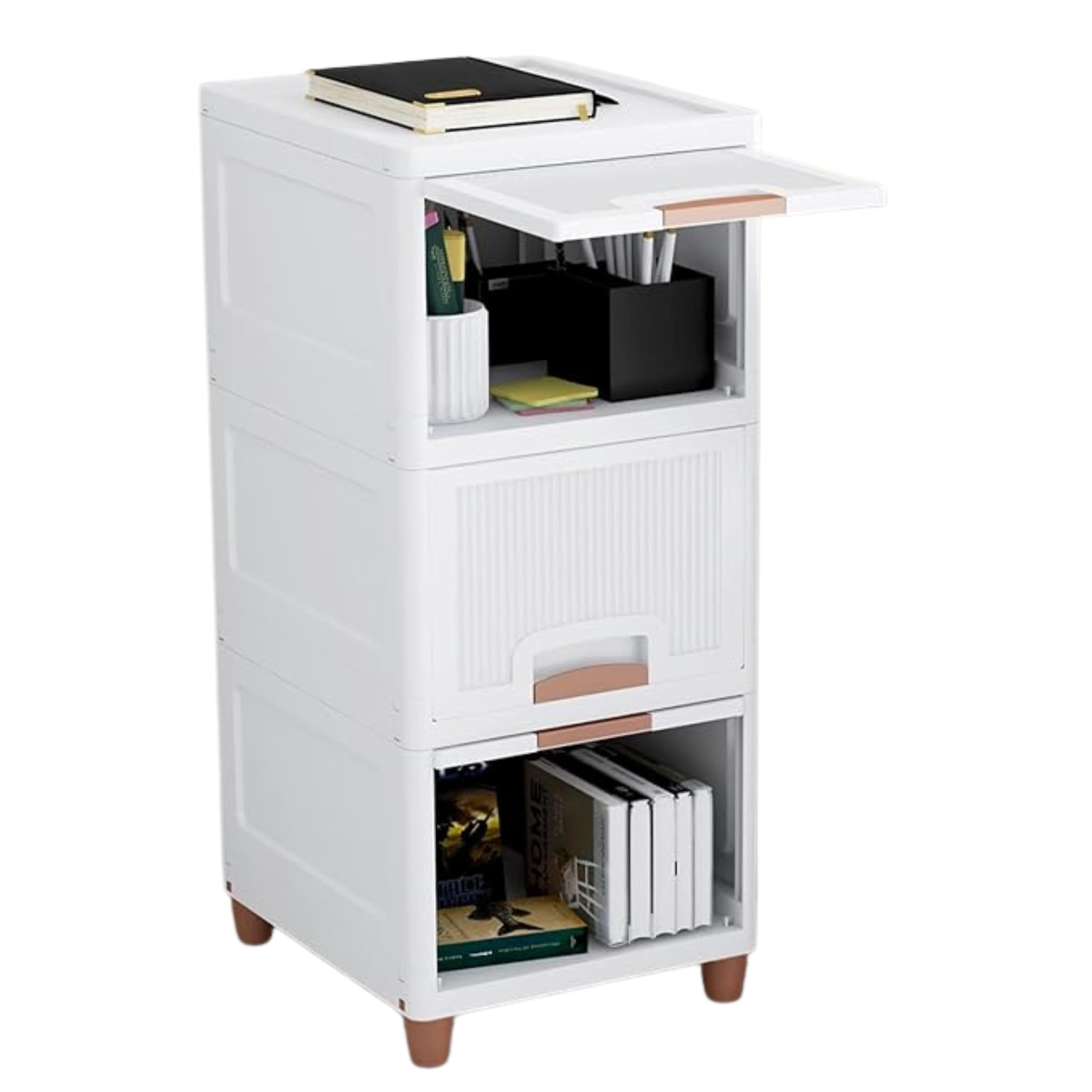 WONJU Modern 3 Layer Storage Cabinet for Home & Office | Sliding Door Organizer for Books, Files, Stationery, Toys | Space-Saving Stackable Shelf with Durable Plastic Body