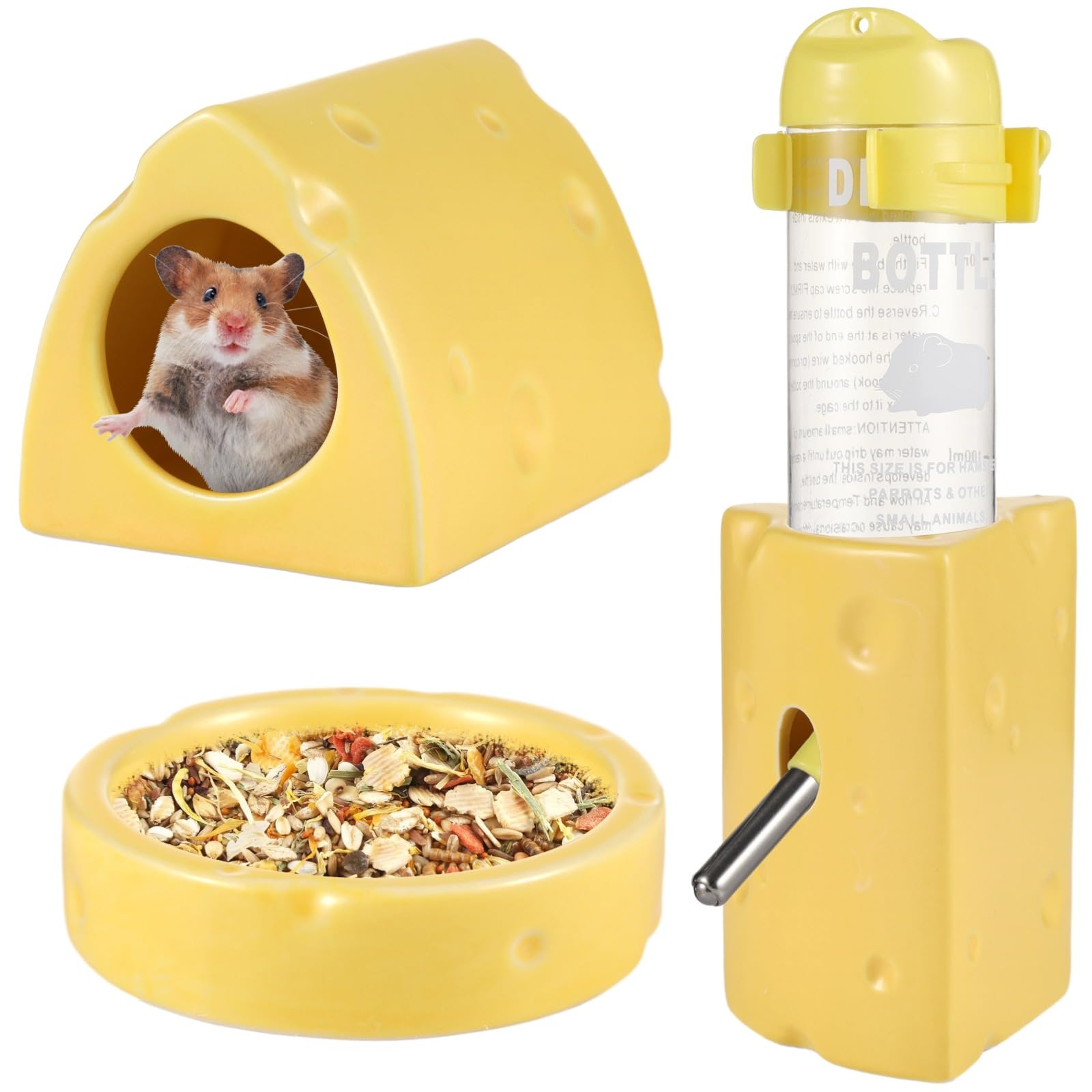 Set di 3 nascondigli per criceti, in ceramica, color crema, con ciotola per cibo e mangiatoia, graziosi accessori per piccoli animali per criceti, gerbilli e porcellini d'India