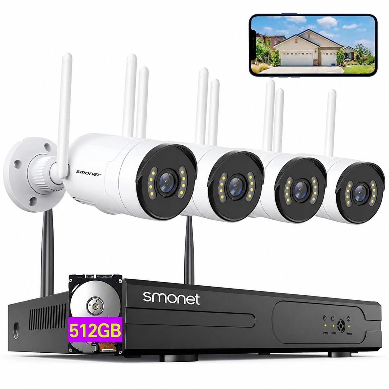 2MP WiFi Security Camera System, 4-Camera Kit with 4-Channel NVR, 512GB Hard Drive, Night Vision, IP66 Waterproof, No Monthly Fee