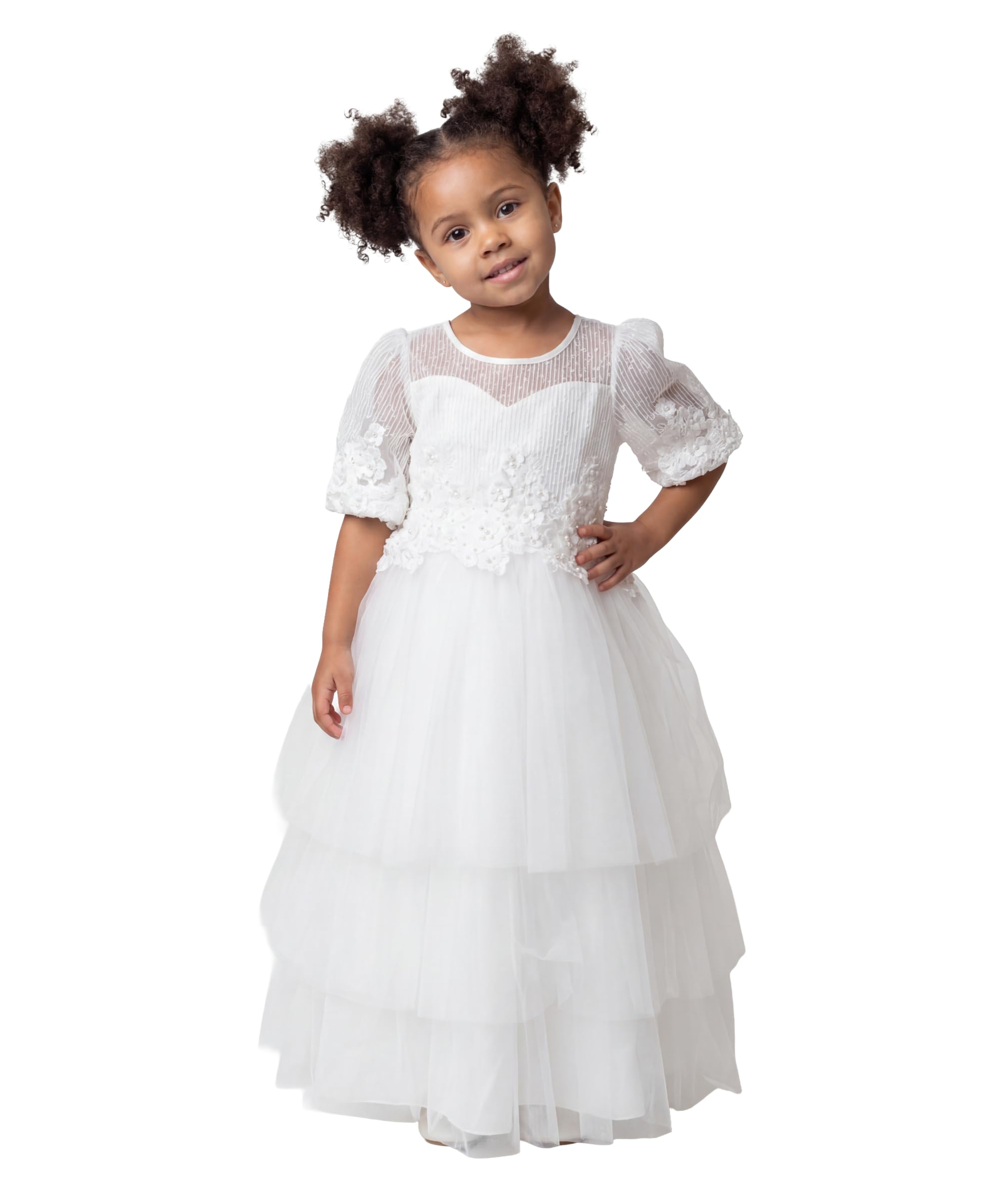 Abito da Prima Comunione Avorio per Bambina con Maniche in Pizzo e Gonna a Balze in Tulle Floreale, età 2-10 Anni