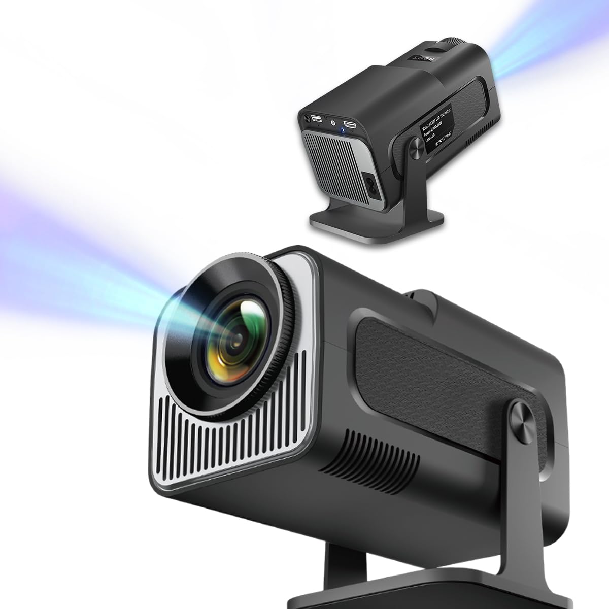 EMEBAY HY320Mini Proyector Trapecio Automático Portátil, Mini Proyector 4K Rotación de 180 grados con Luz LED, WiFi 6, BT 5.0, Android 11.0 Integrado para Ordenador PC Teléfonos