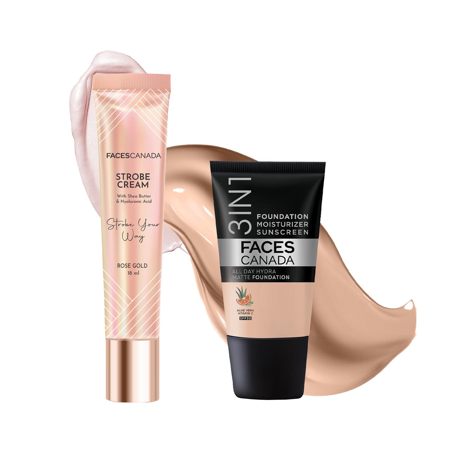 FACESCANADA Airbrushed Glow Full Combo - All Day Hydra Matte Foundation - Absolute Ivory 012 (18ml) + Strobe Cream - Rose Gold (18ml) | Illuminating & Glowing Makeup Base | 10HR Long Wear
