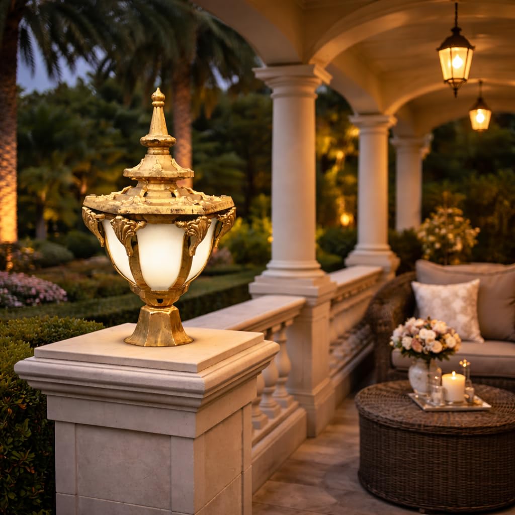 Cast Aluminium Outdoor Gate Light, Antique Gold Victorian Pillar Lantern with Frosted Acrylic Shade, Waterproof Post Lamp for Main Gate, Garden, Driveway, Terrace & Compound Wall Decorative-picture-33