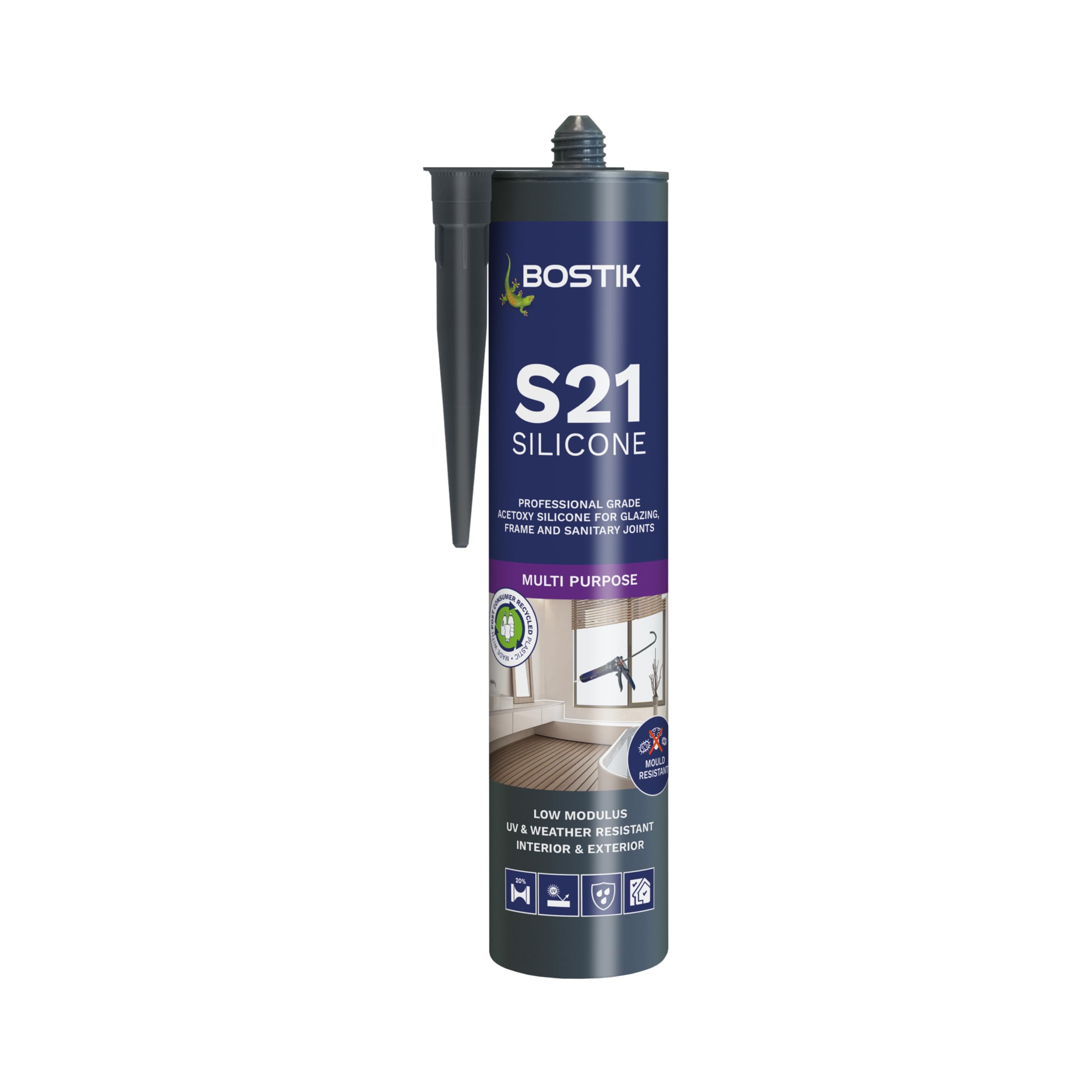 BOSTIK Pro-Sealant S21 Multi-Purpose Acetoxy Silicone Sealant, For Glazing, Frame and Sanitary Joints, Internal & External Use, Colour: Black, 310ml