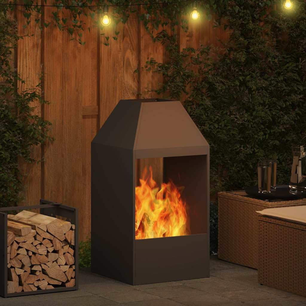 Feuerstelle Schwarz aus Stahl 50 x 50 x 100 cm für Terrasse und Garten, Kamin Ofen für Outdoor Treffen, Holzhalter mit Wärme und Deko für behagliche Abende