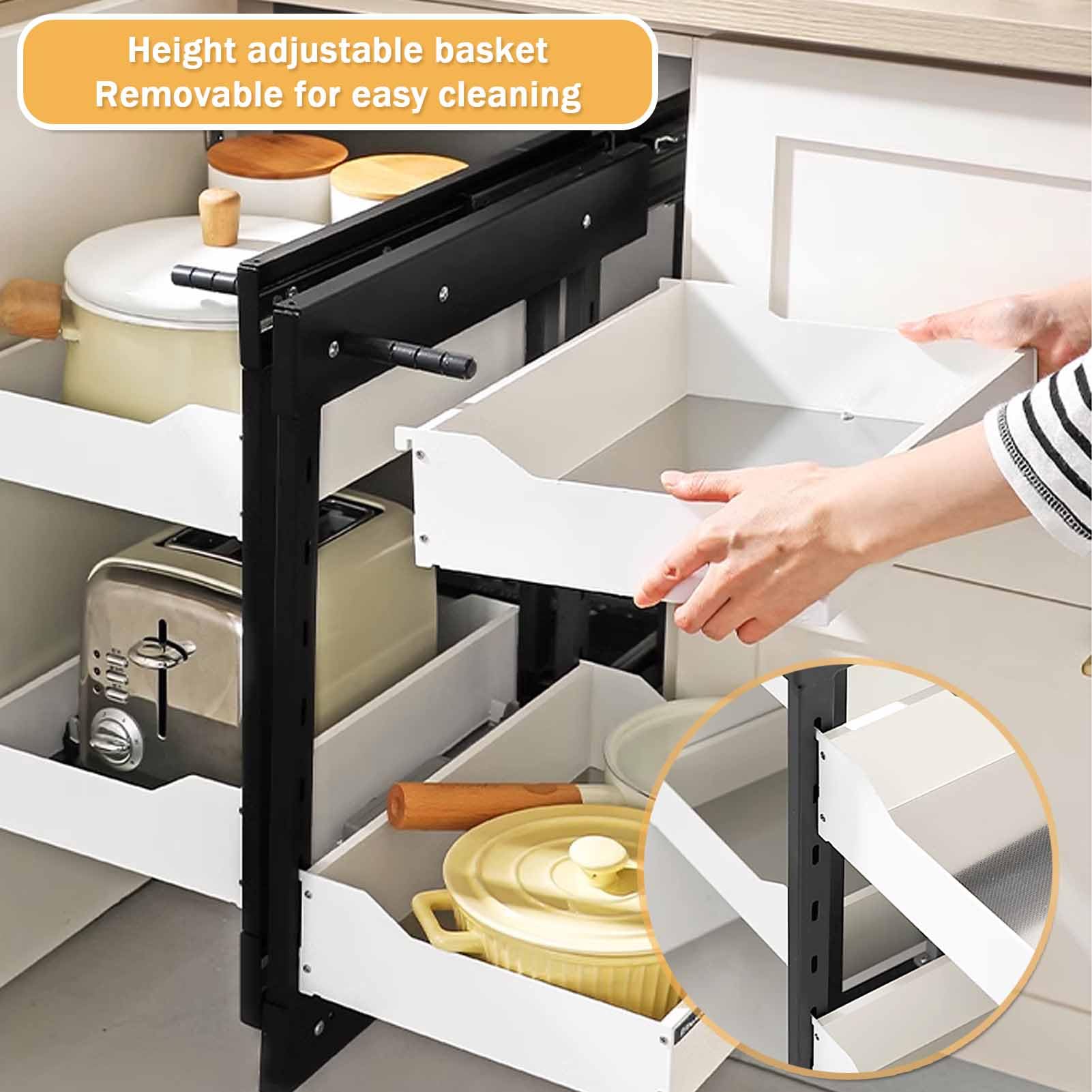 Organizador de cocina de 3 niveles debajo del fregadero con cajones de cierre suave, almacenamiento de esquina ciega, estante de especias de 4 estantes, contenedores blancos para gabinete para una