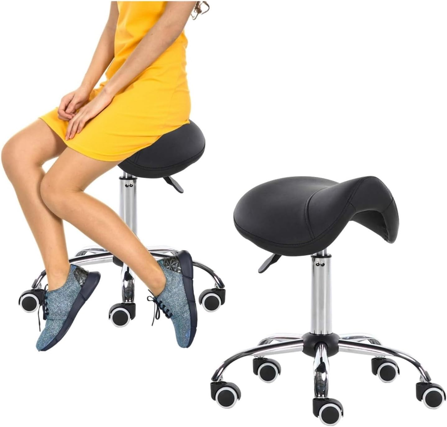 Ergonomic Adjustable Rolling Saddle Stool for Home Office, Salon & Dentist - Comfortable Height-Adjustable Chair for Beauty & Hair Professionals, Black Task Chair