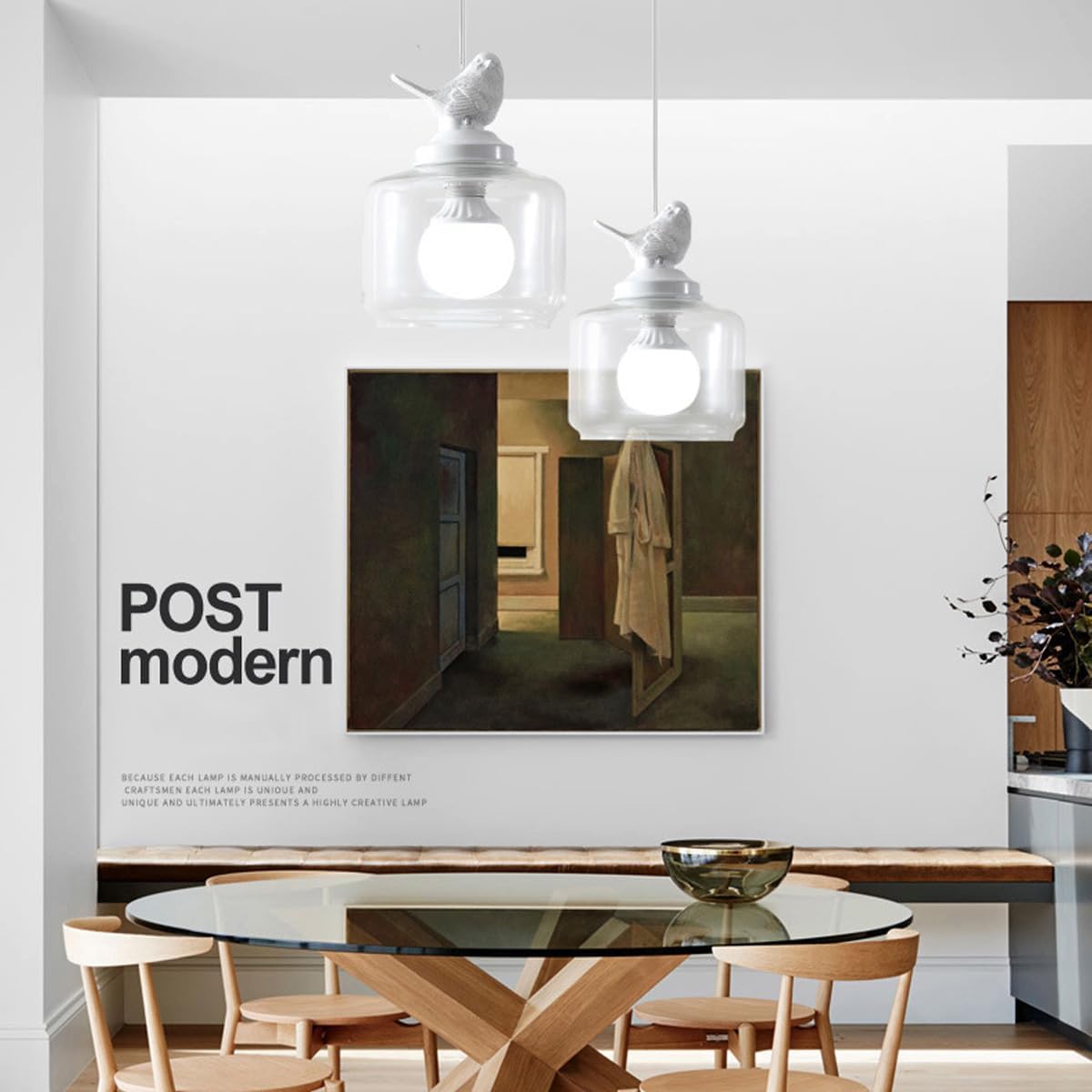 Bird Pendant Light Fixture,Glass Pendant Light with Resin Lampbody,Nordic Style White Hanging Light for Bedroom Living Room Dining Room and Hallway