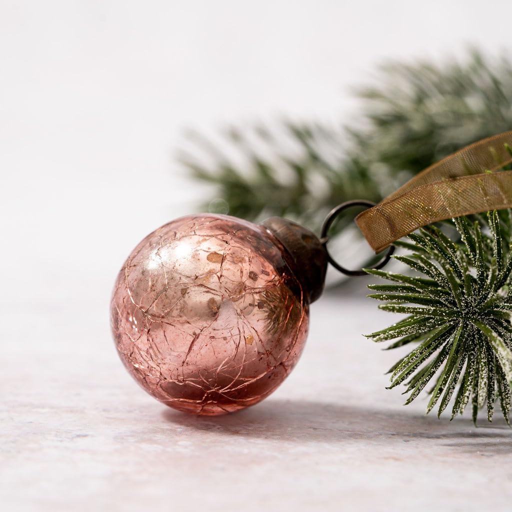Arthur Cameron Rose - Set Of 6 Small 1" Hand-Blown Crackle Glass Balls - 3Cm Small Hanging Ornaments With Bronze Caps & Organza Ties – Christmas Tree Decorations (Rose)