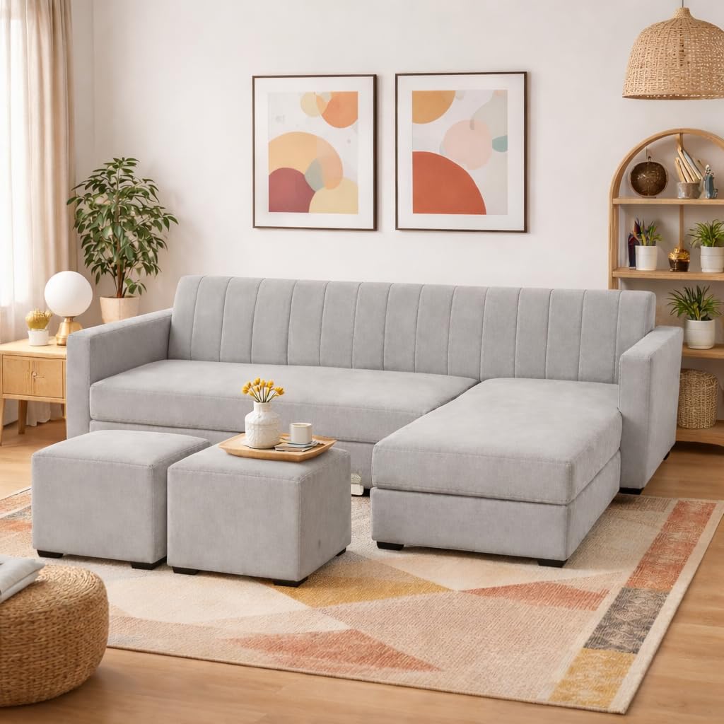 Avarion Luxe Velvet Suede Fabric 4 Seater RHS L Shape Sofa Set | with 2 Ottoman & Removable Lounger | Comfortable & Spacious Seating | Modern Sofa Set for Living Room – Light Grey-picture-19