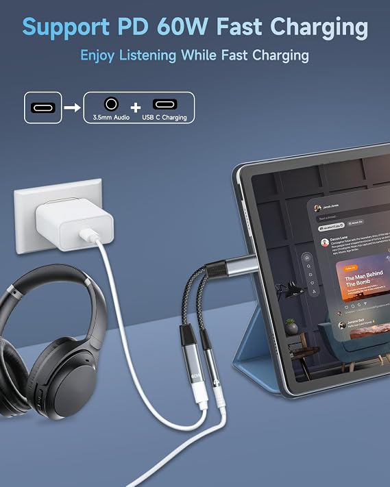 USB C to 3.5mm Jack and Charger Adapter, 2 in 1 USB C Headphone Adapter
