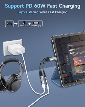 USB C to 3.5mm Jack and Charger Adapter, 2 in 1 USB C Headphone Adapter