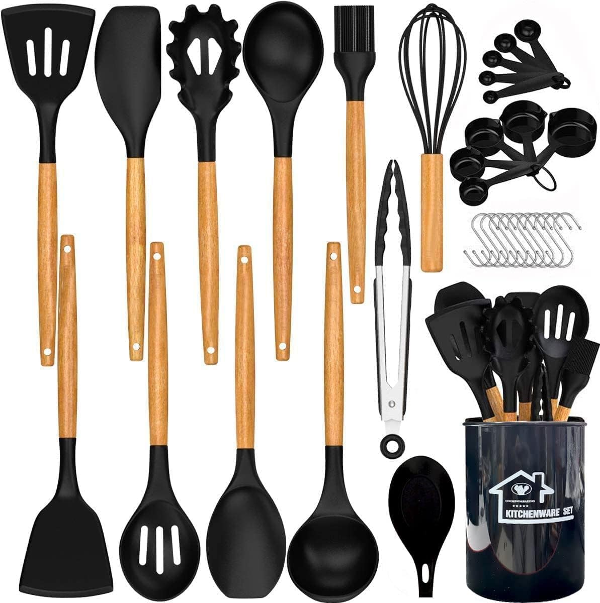 33 PCs | Kitchen Utensils Set | Wooden Handle | Silicone Heat Resistance | Nonstick | Gadgets Sets | Kitchen Spoons | Spatula Sets | Brush | Whisk | Tongs | with BIG Bucket (Black, 33 PCs)