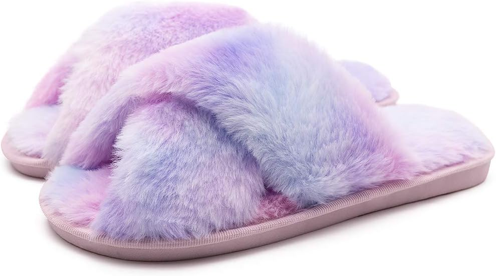 Womens Rainbow Fluffy Slippers Colorful Open Toe Fuzzy Fur House Slides Soft Plush Indoor Outdoor Slip On Cross Band Fleece Flats (Colorful Purple, Numeric_9)