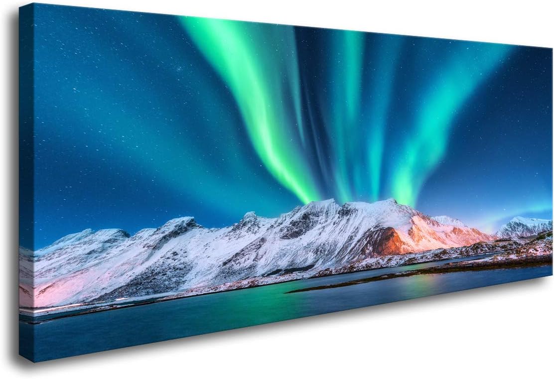 Baisuwallart-Wall Art Aurora Borealis Canvas Prints Green Worthern Lights,Night Winter,Sea with Sky Reflection and Snowy Mountains Picture Painting for Office Home Decorations Wall Decor