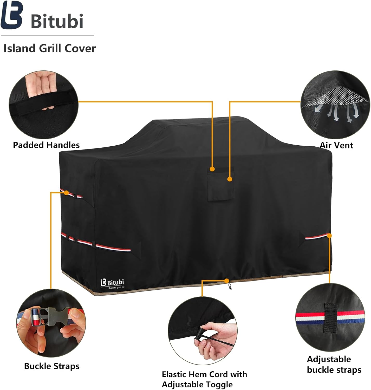 Bitubi 110 Inch Island Grill Cover - 600D Heavy Duty Waterproof All Weather Protection Extra Large Grill Cover,Black