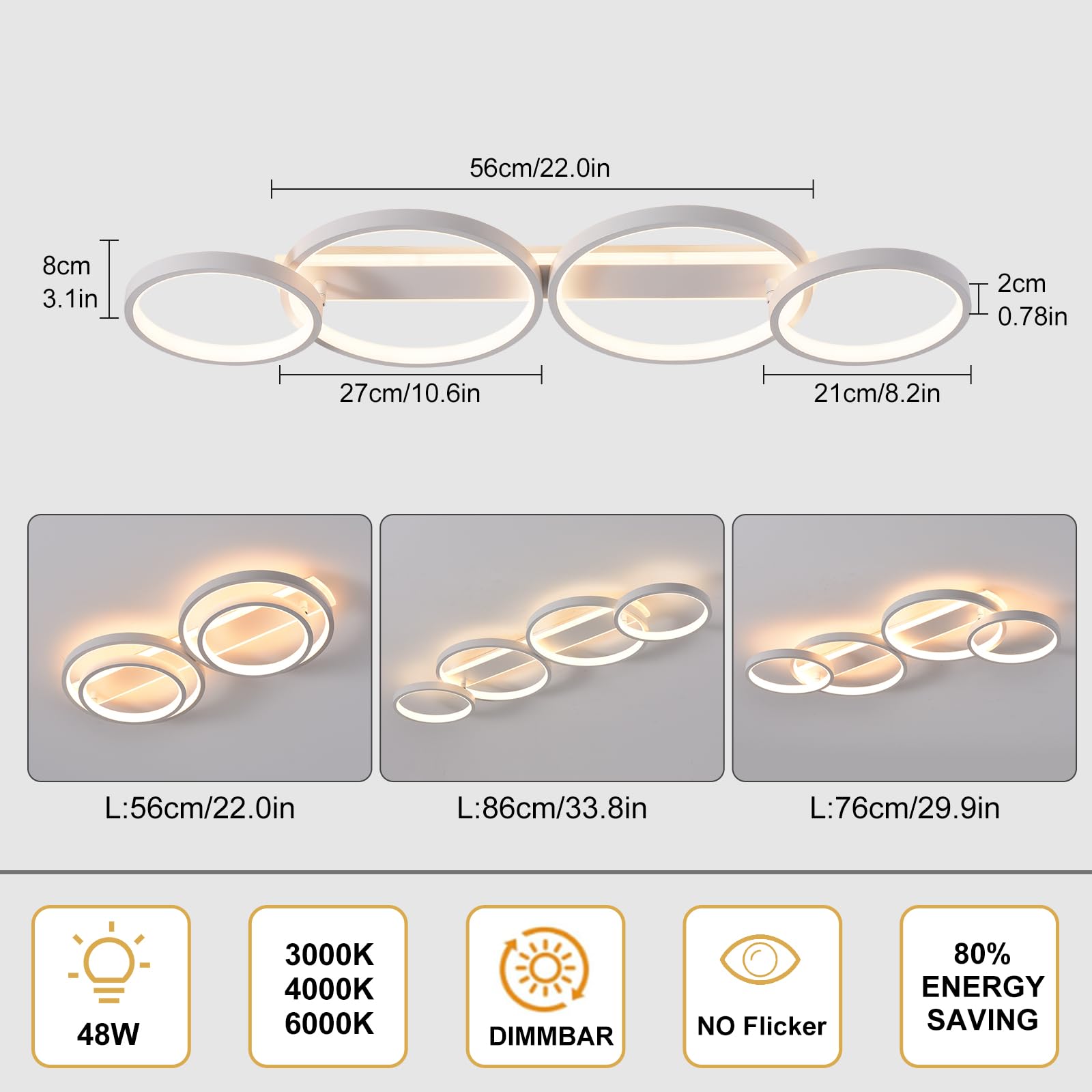 LED Deckenlampe,Dimmbar Deckenleuchte Mit Fernbedienung APP,Einstellbar Ringform Wohnzimmerlampe 4 Flammig Kronleuchter Lampe,48W 3000-6500K deckenbeleuchtung für Schlafzimmer Wohnzimmer,Weiß 86cm