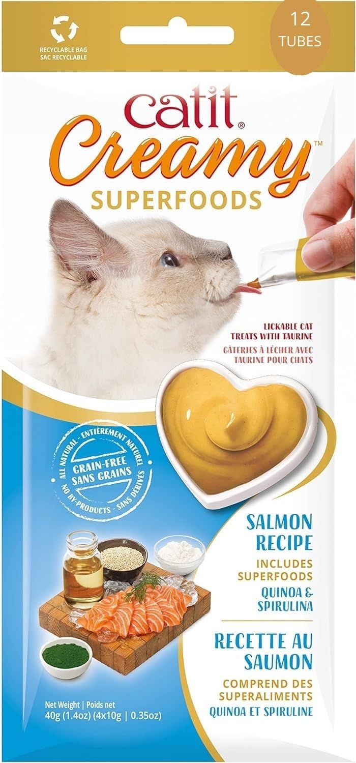 Catit Creamy Superfood Snack húmedo para Gatos Salmón/Quinoa y Spirulina, Pack 3 Unidades, 12x10g (3, Salmón)