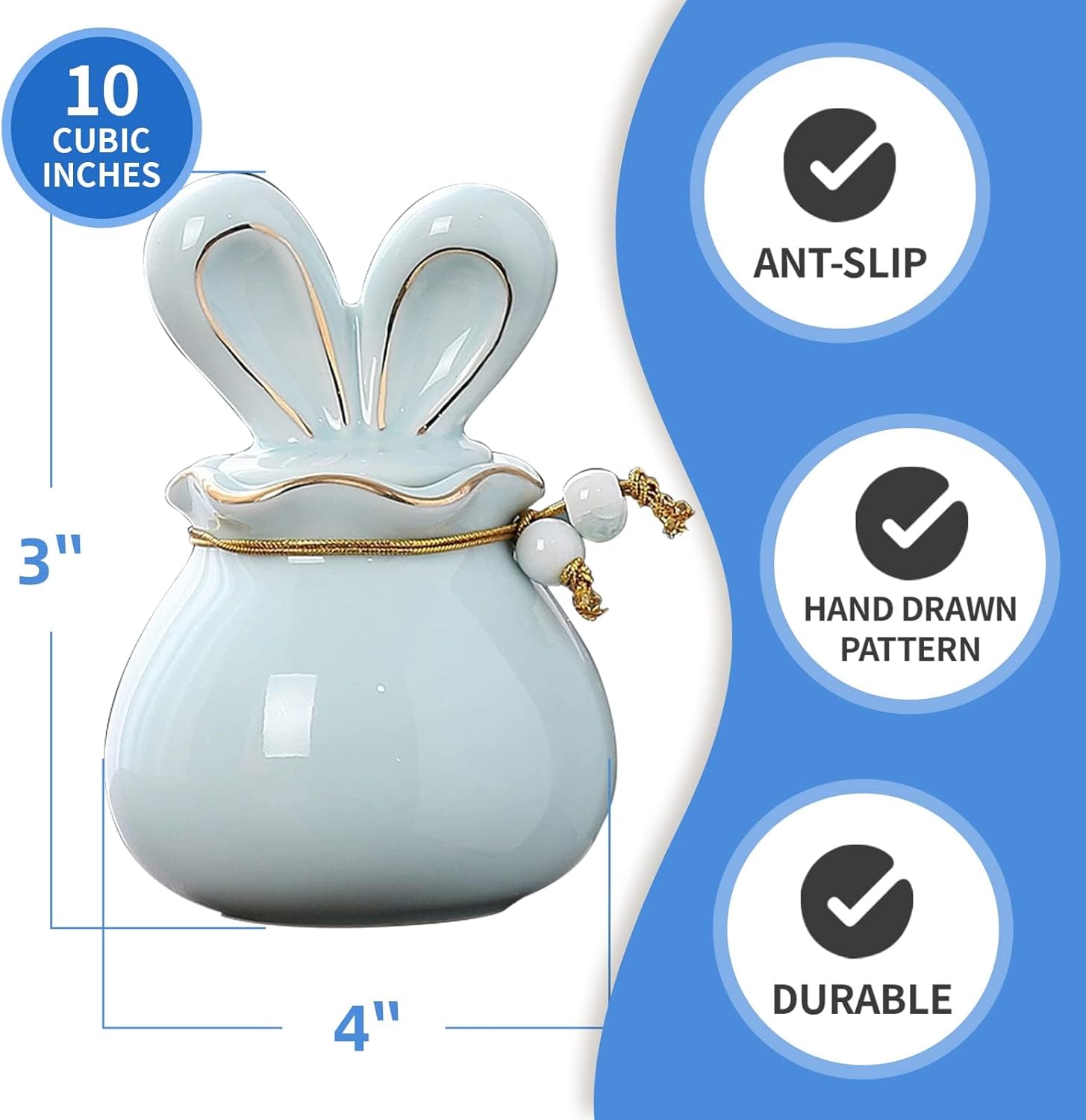 Ceramic Small Cremation Urn for Pet Ashes with Rabbit Ear Design,Includes Velvet Bag and Urn Necklace,Keep Your Beloved Pet Close to Your Heart Forever with This Decorative Mini Urns (Blue)