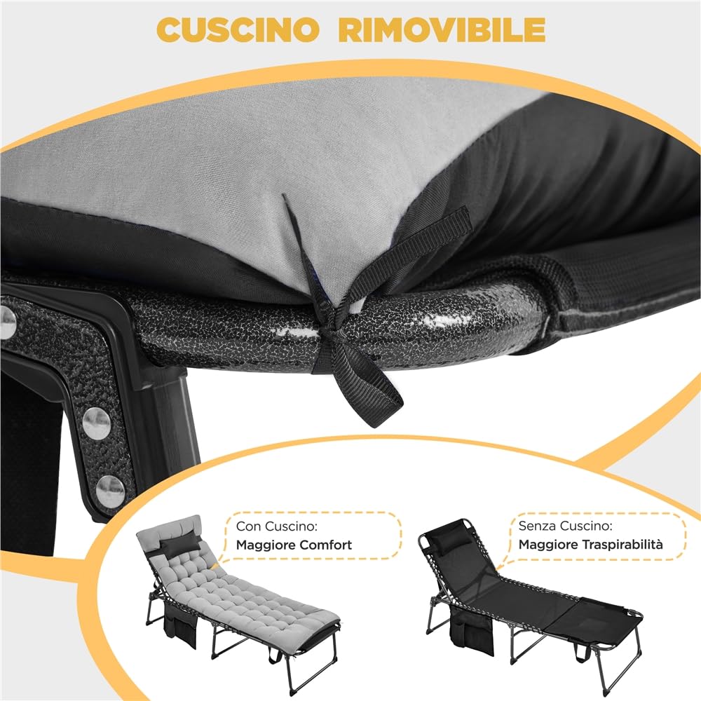 Yaheetech Lettino da Spiaggia Pieghevole Materasso Spesso 5 Regolazioni Tasca Laterale Giardino Campeggio Portata 136 kg 189 5 x 67 x 35 cm Nero