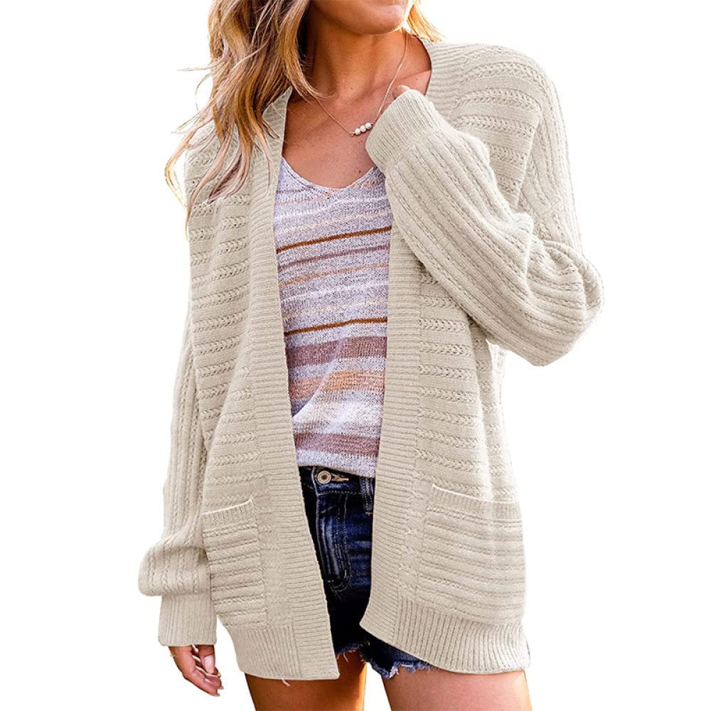 HGJH Pullover Damen, Damen-Strickpullover Vorne Offen Cardigan Strick Aushöhlen Kimono Zwei Taschen Einfarbig Creme Cardigan Weich Elegante Leichte Herbstjacke Für Lässiges Business