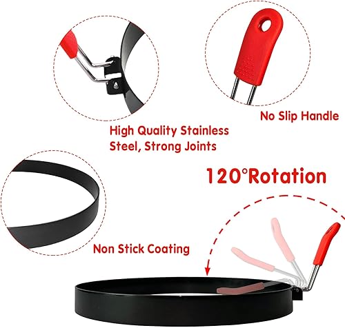 Miniatura 3 de Paquete de 2 moldes para panqueques de 8 pulgadas con mango, antiadherentes, acero inoxidable, anillos redondos para panqueques para huevos fritos,