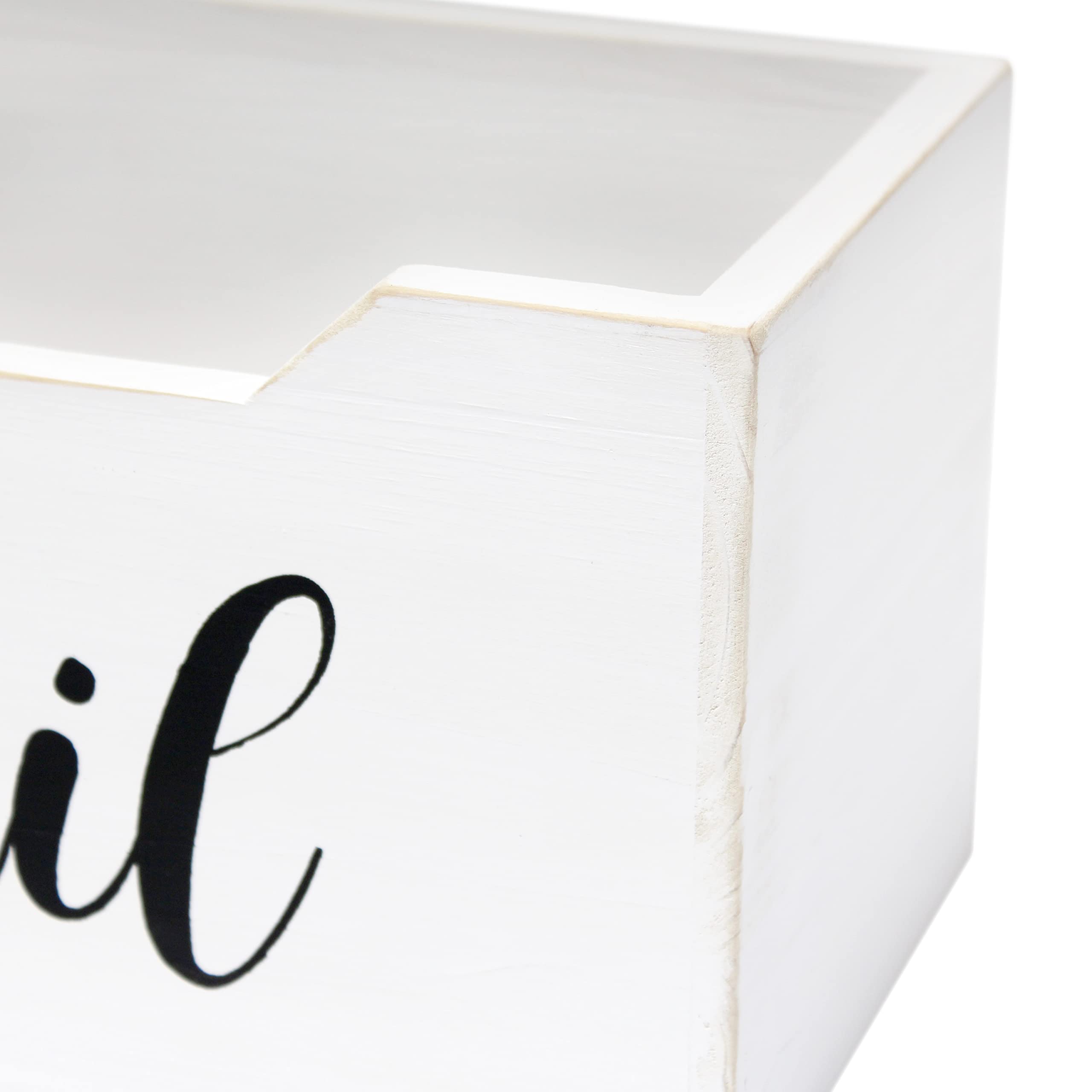 Elegant Designs HG2010-WMB Rustic Farmhouse Wooden Tabletop Black Script Word Mail Organizer Box, Letter Holder Office Accessories Decor, White Wash