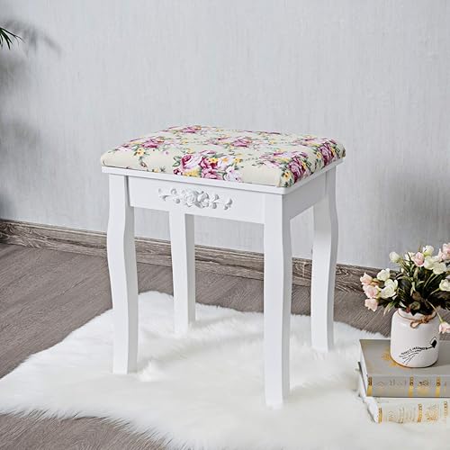 Miniatura 7 de Giantex Taburete de tocador de madera, silla acolchada, asiento de piano de maquillaje, banco de maquillaje con cojín rosa (blanco) Negro -,Blanco