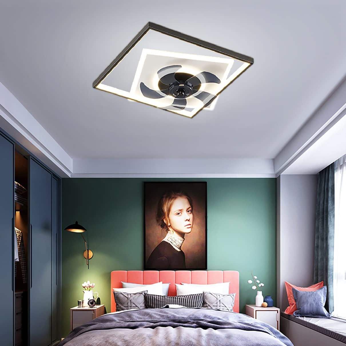 YUEGOO Ceiling Fans with Lamps,48W Mute Ceiling Fan with Light and Remote Control 3 Speeds Bedroom Led Dimmable Round Fan Ceiling Light with Timer Modern Living Room/B