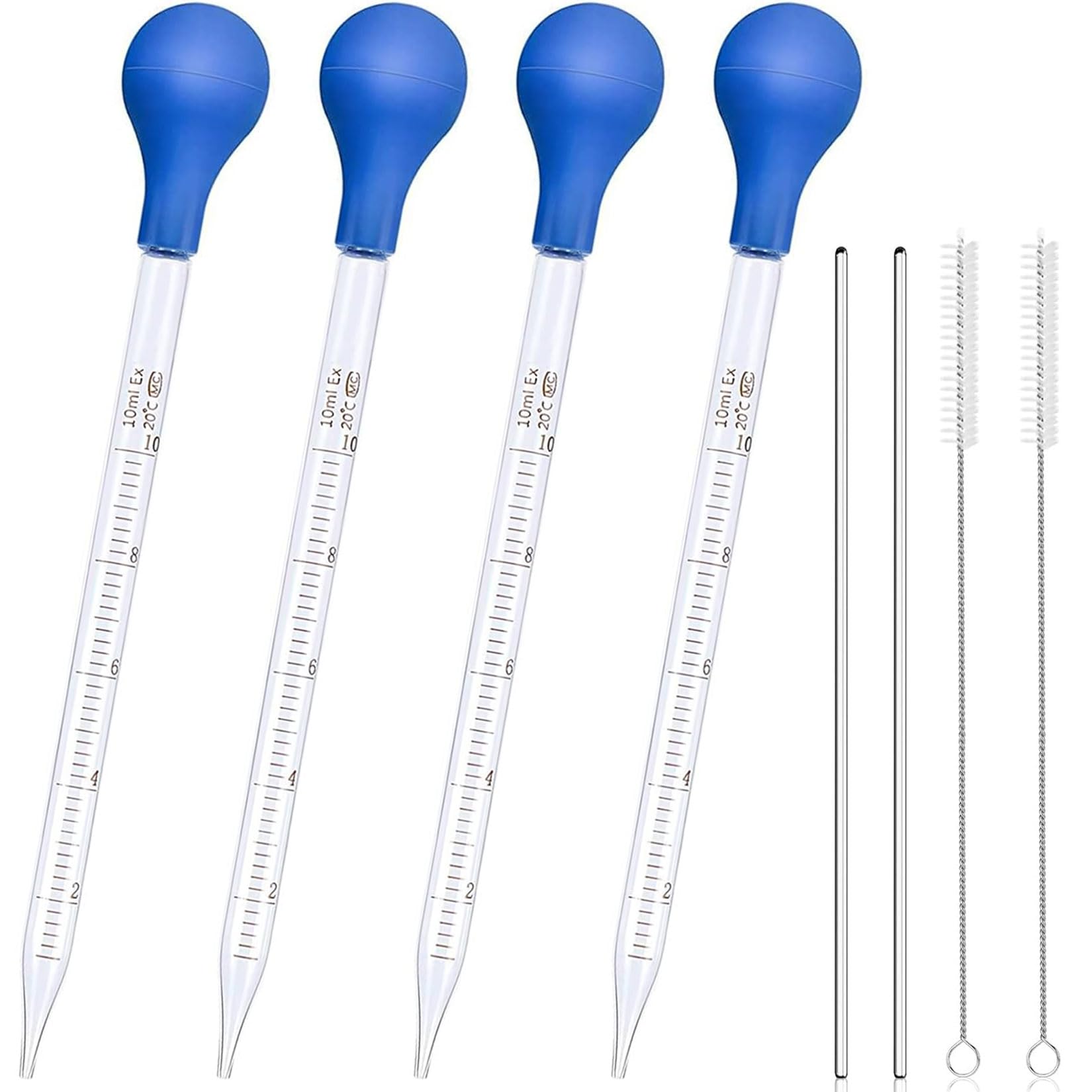 Idota Szklana pipeta 4 szt. 10 ml szklana pipeta transferowa do laboratorium i DIY | 2 sztuki 20 cm szklanego mieszadła i 2 sztuki szczotek do pomiaru płynów, pipety z kroplomierzem