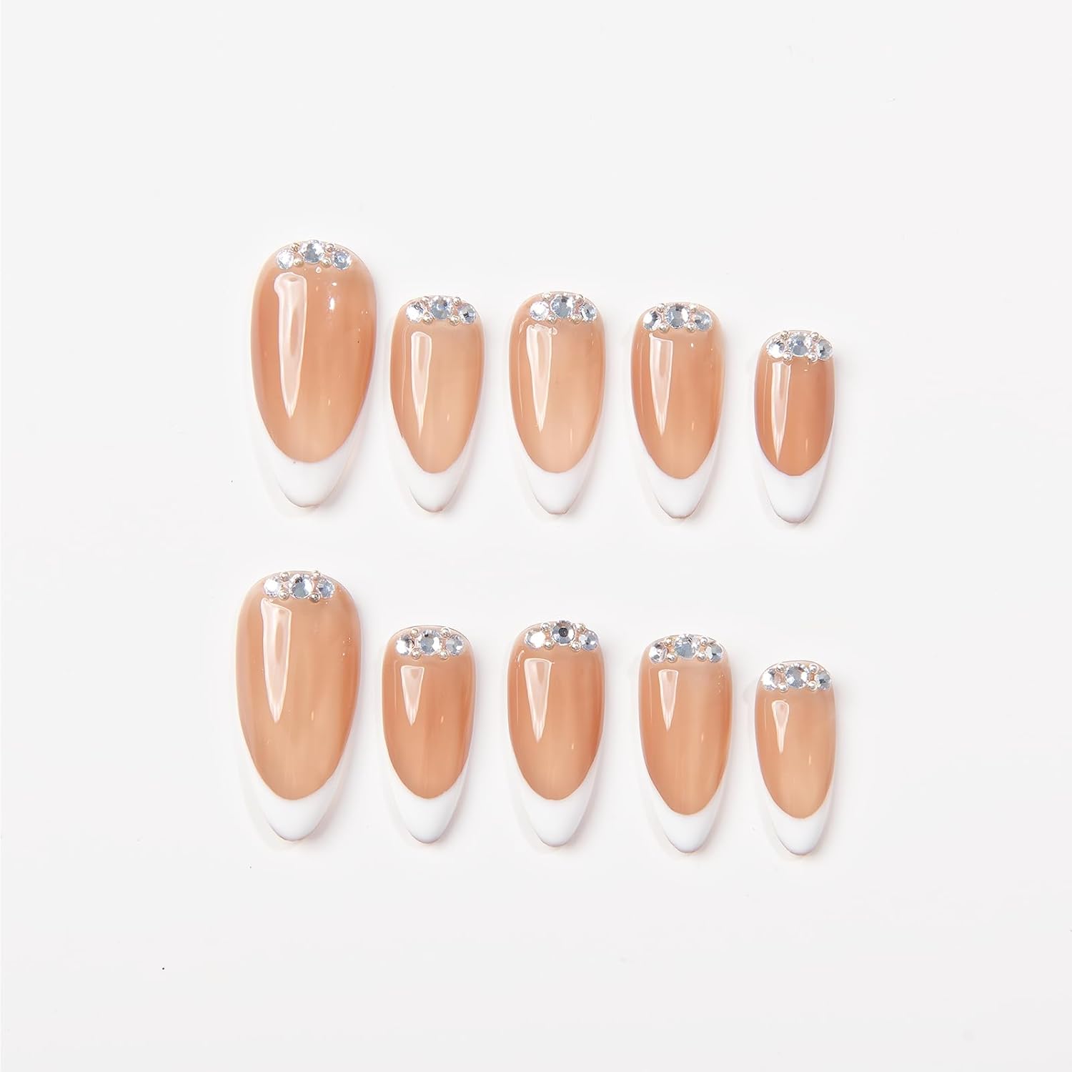 Basic Design with Chrome, French, Light Star Almond Press On Nails, Classic Design Fake Nails for Chrismast Event, Wedding Event, Prom, Party (S005, L)