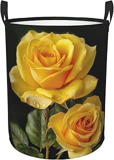 Yellow Rose print Circular Hamper Waterproof Storage Bin Organizer Basket Laundry Hamper With Handles For Clothes Toys Small
