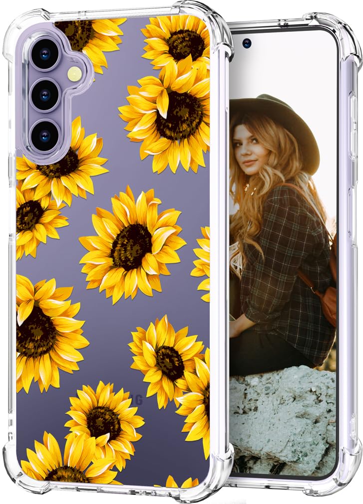 Hungo Compatible for Samsung Galaxy S25 / S24 Case Clear Design Cute,Girly for Women Girls Floral Sunflower Skin Yellow Sunflower