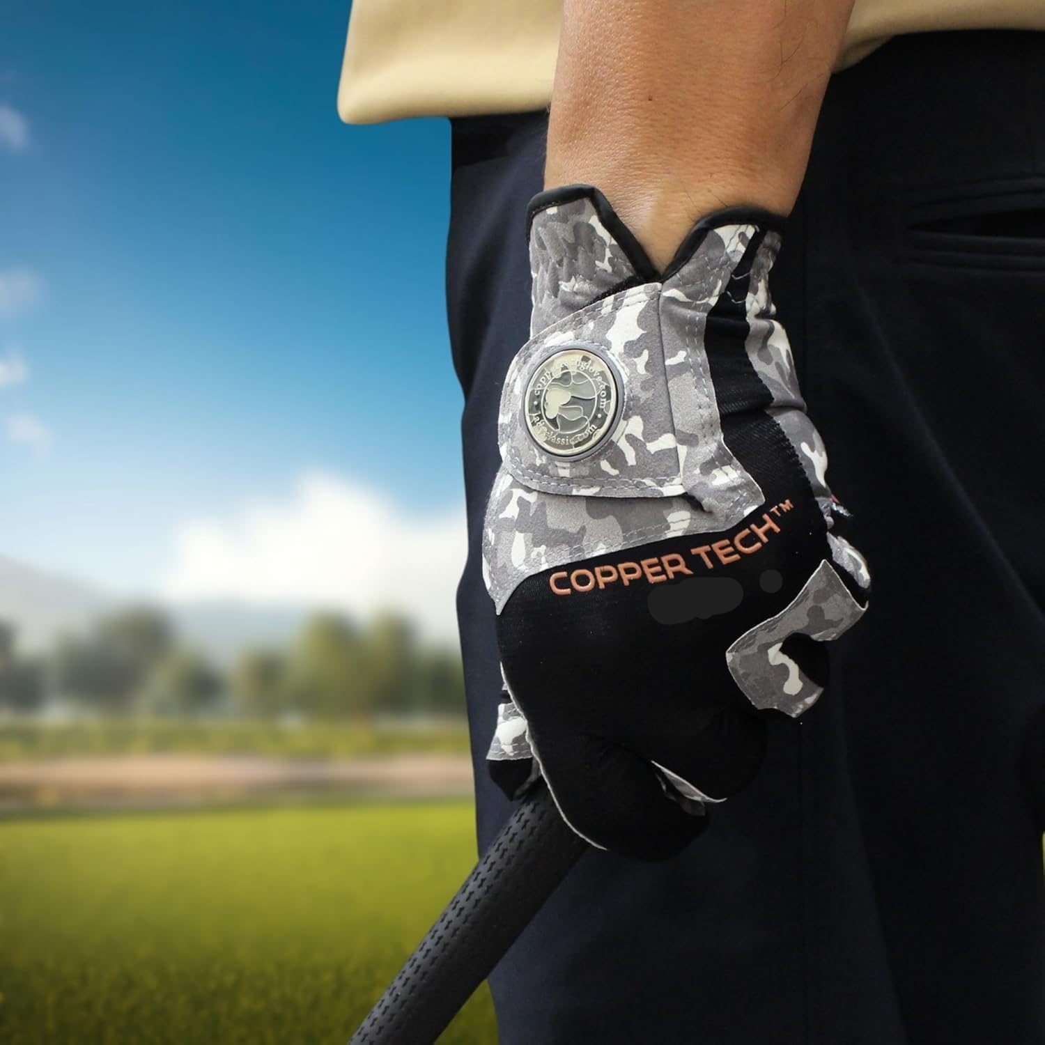 Copper Tech Men's Golf Gloves with Ball Marker - USA Flag & Camo Golf Glove for American Patriots - Perfect for Summer Golfing - 100% AAA Cabretta Leather Golf Glove (Camo, Small, Worn on Right)