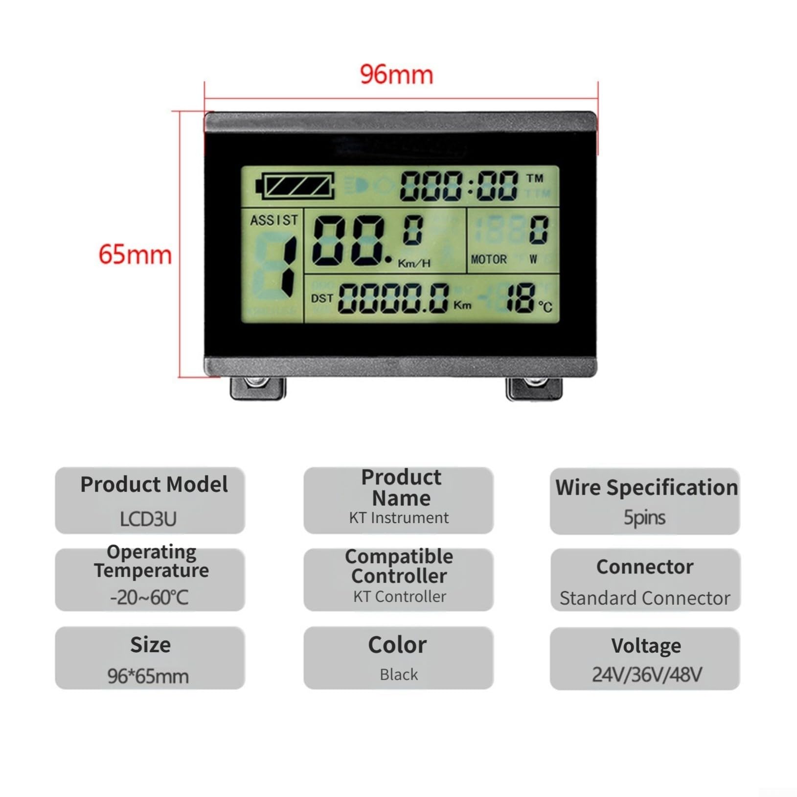 Bicicletta elettrica LCD Display Pannello Strumenti Per KT-LCD3 Compatibile 24V 36V 48V Include 5 Pin SM e Connettore USB per KT Controller