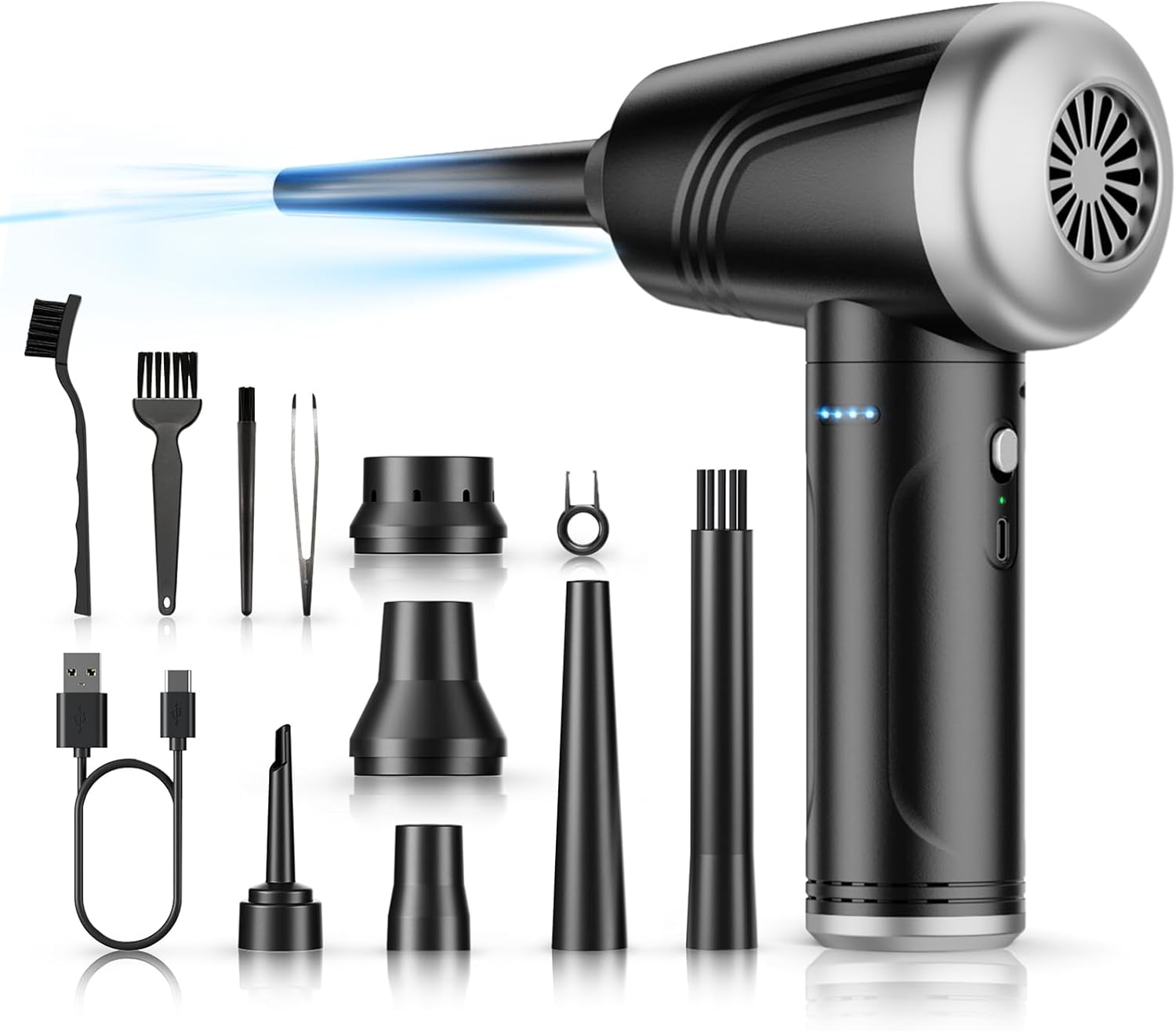 Compressed Air Duster, BANKKY 11-in-1 Cordless Keyboard Cleaner for Office, 120000RPM Electric Air Duster for Computer, Conditioner, etc (Black+Silver)