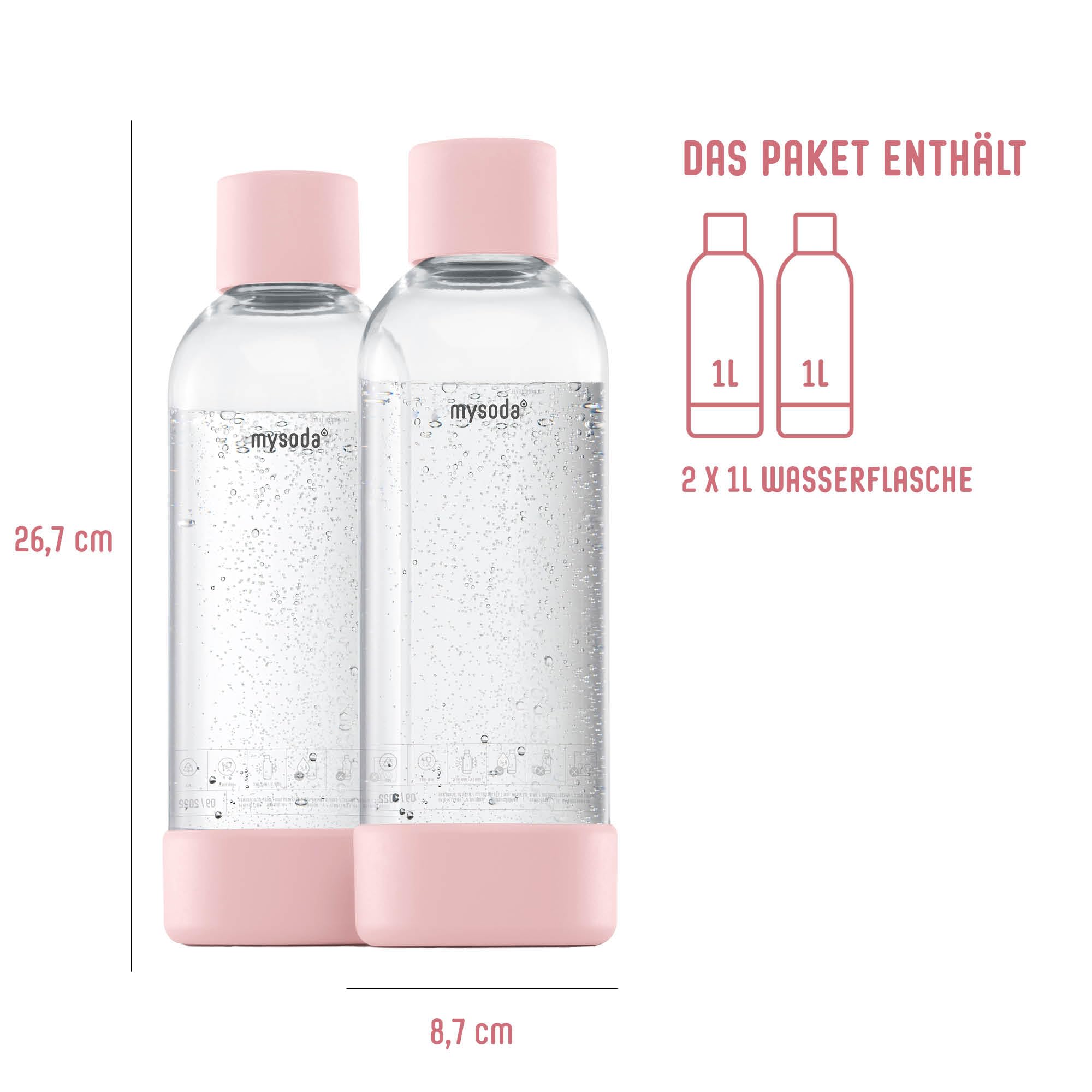 Mysoda: Butelka na wodę do saturatora, plastik bez BPA, z szybkim zamknięciem "Quick-Lock", detale z kompozytu drewnianego, 2 x 1 l, różowa