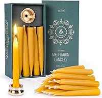 Aglary Pure Beeswax Dripless Taper Candles: 20-Minute Meditation Mini Candles, Set of 20 with Brass Holders