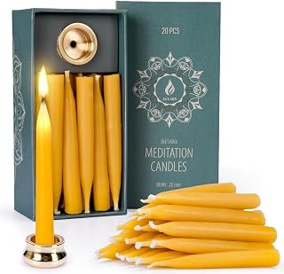 Aglary Pure Beeswax Dripless Taper Candles: 20-Minute Meditation Mini Candles, Set of 20 with Brass Holders