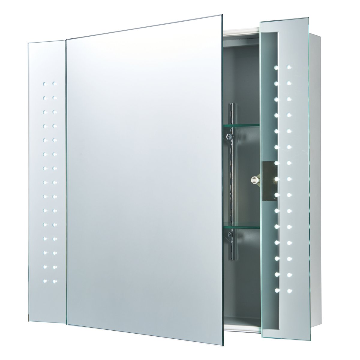 REVELO Modern LED Illuminating Bathroom Cabinet Mirror with Dual Shaver Socket, Motion Sensor and Two Shelves IP44 Rated
