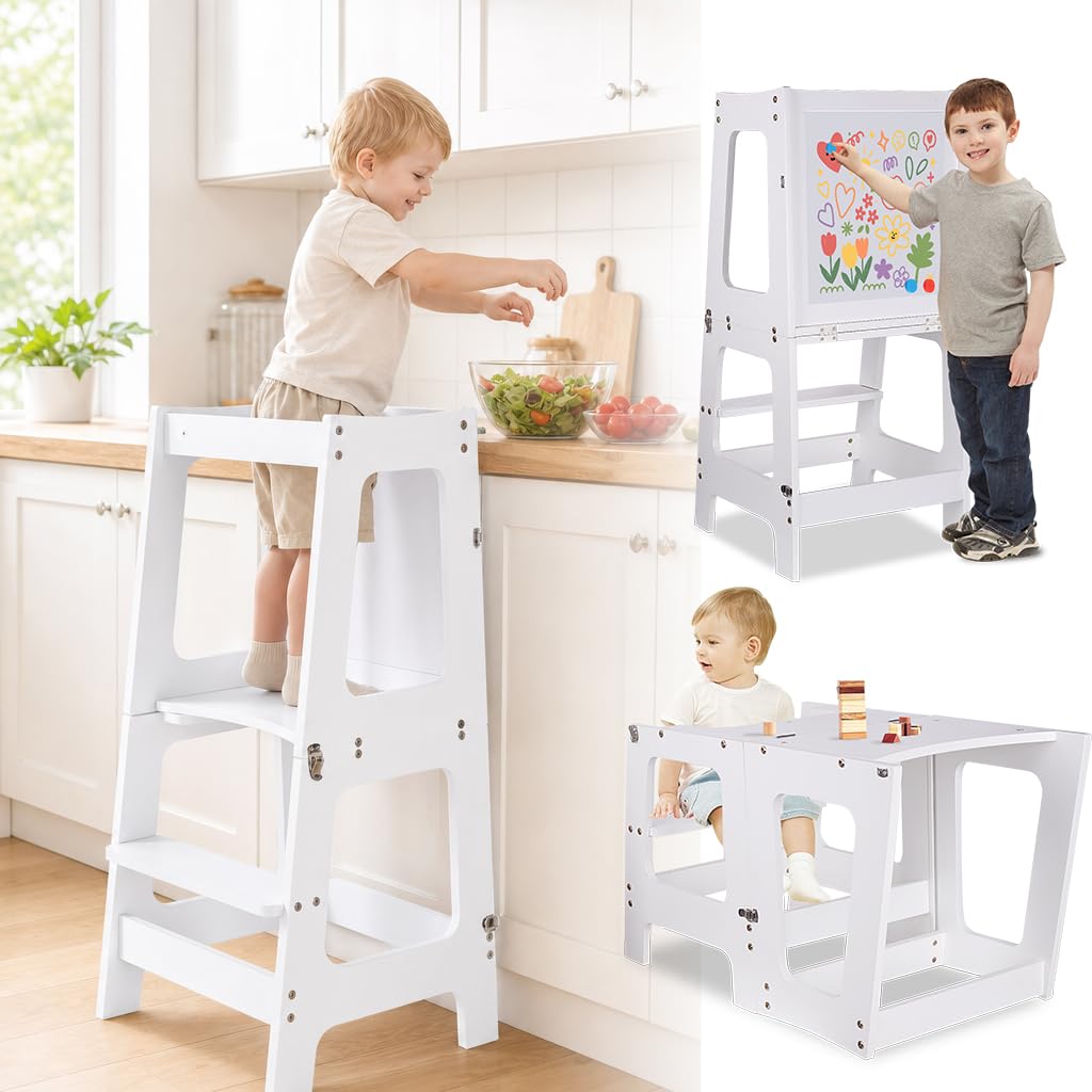 Lernturm ab 1 Jahr, Klappbarer Learning Tower mit Tafel & Stifte-Set | 3 in 1 Learning Tower für Kinder, 50kg Belastbar Trittschemel, Multifunktion Montessori Entdeckerturm für Küche & Bad
