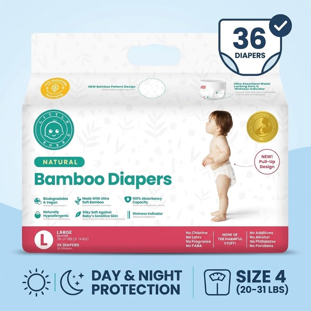 Little Toes Patented Natural Disposable Viscose Diapers ǀ Day and Overnight Diapers ǀ Sustainable ǀ Size 4 Large ǀ 36 Pack
