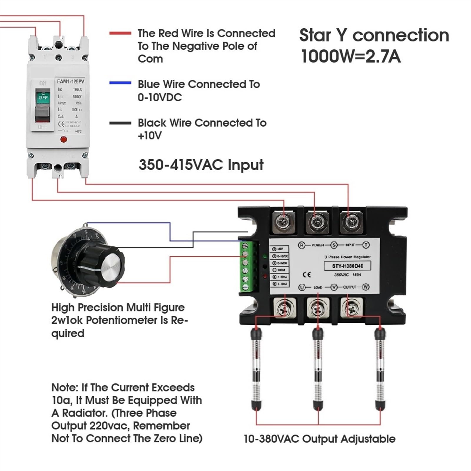 Módulo regulador de Voltaje de CA trifásico, regulador de Potencia, tiristor, 380V, relé de Estado sólido, atenuación, 25A-400A, Control de potenciómetro, 1 Uds. (Size : 40A(7.3KW))