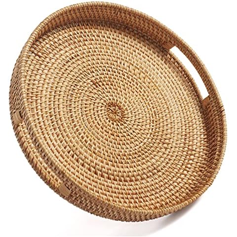 DECRAFTS Rattan Serving Tray with Handles Round Woven Coffee Table Trays for Ottoman Decorative (Large 34cm x 7cm) Cover