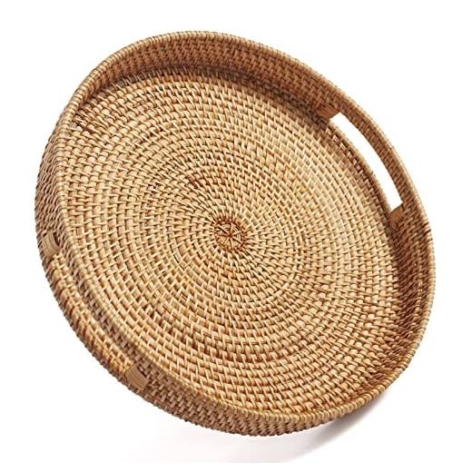 DECRAFTS Coffee Table Tray Round Rattan Ottoman Tray Woven Serving Trays with Handles for Home and Kitchen Decorative Natural (Large 14 inch x 2.8 inch)