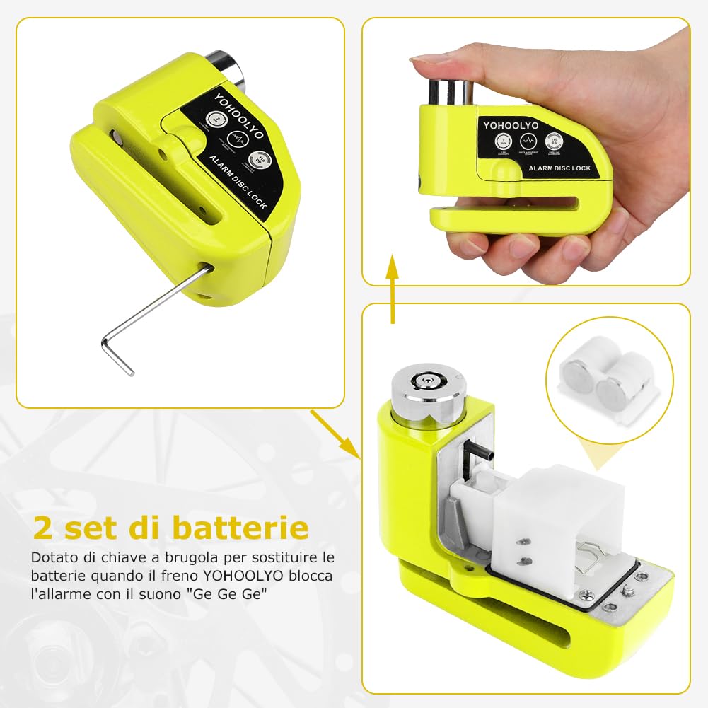 YOHOOLYO Bloccadisco Moto Antifurto con Allarme Sonoro 110DB, Accessori di Protezione 2 Chiavi, 1.5m Reminder per Motorino Motocross