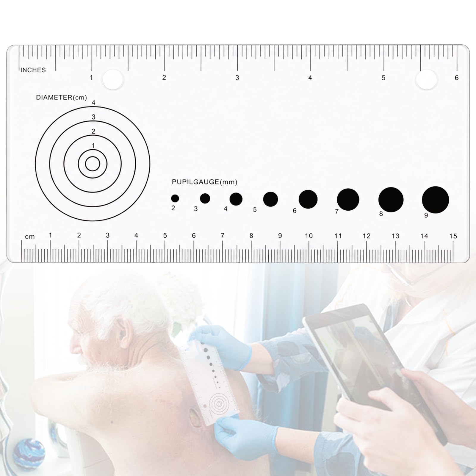 Edwerd White Wound Measuring Ruler With Pupil Gauge For Nurses, Emts & Clinical Use – Disposable Clear Plastic Ruler 6 Inch, Accurate Metric Scale, 1/10 Pcs